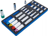 Verkstadsvagninlägg 1/3: Hylsor, sexkant, djupa 11 - 22 mm | E-Profil E10 - E22 | 6,3 mm (1/4"), 10 mm (3/8"), 12,5 mm (1/2") | 26 delar. BGS 4147