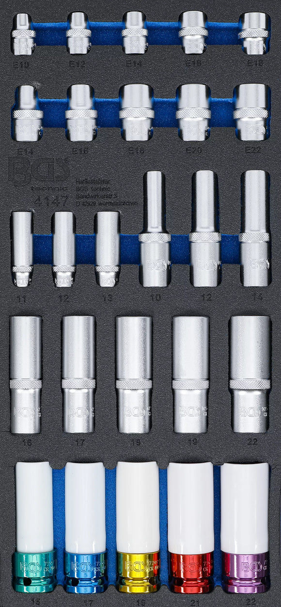 Verkstadsvagninlägg 1/3: Hylsor, sexkant, djupa 11 - 22 mm | E-Profil E10 - E22 | 6,3 mm (1/4