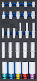 Verkstadsvagninlägg 1/3: Hylsor, sexkant, djupa 11 - 22 mm | E-Profil E10 - E22 | 6,3 mm (1/4"), 10 mm (3/8"), 12,5 mm (1/2") | 26 delar. BGS 4147