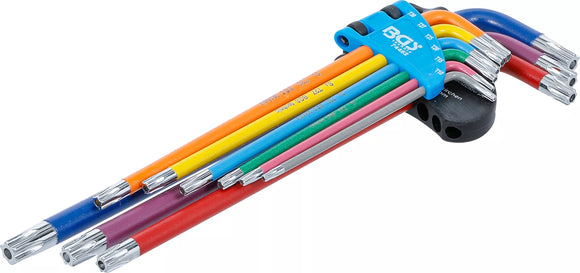 Vinkelnyckel-sats | Multicolour | extra lång | T-Profil (för Torx) med borrning T10 - T50 | 9 delar. BGS 74462