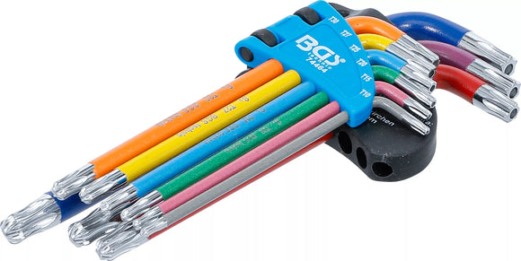 Vinkelnyckel-sats | Multicolour | T-Profil (för Torx) med borrning och kulhuvud T10 - T50 | 9 delar. BGS 74464