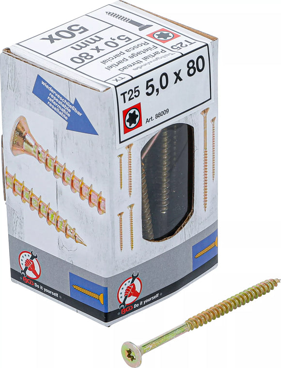Universalskruv | T-Profil (för Torx) T25 | 5,0 x 80 mm | 50 st.