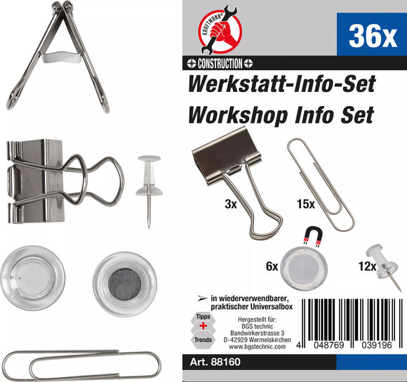 Verkstads-informations-sats med gem, magneter, nålar | 36 delar. BGS Diy 88160